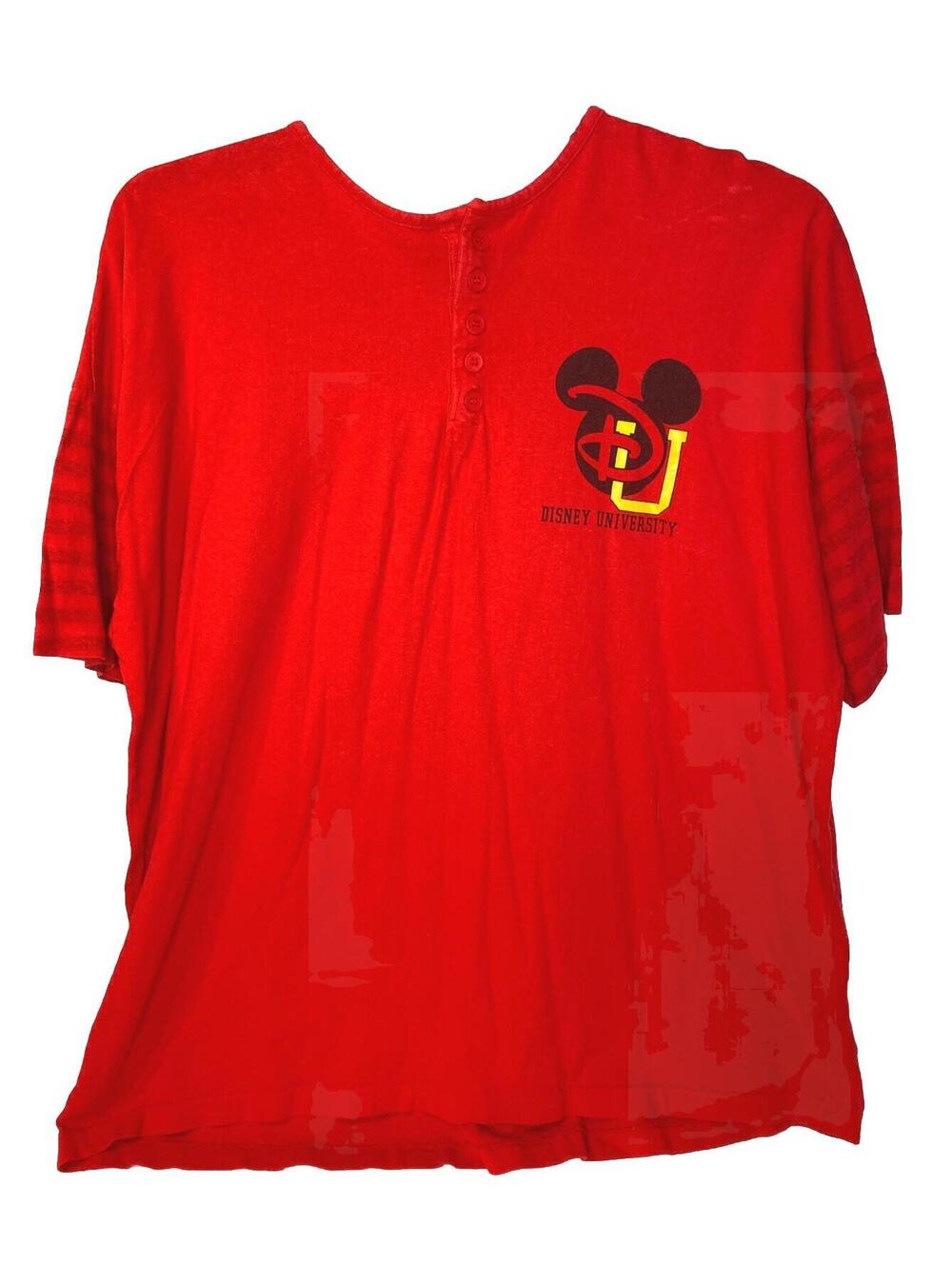DISNEY UNIVERSITY DU MICKEY MOUSE DISNEYLAND HENLEY T SHIRT Mens L Red VINTAGE